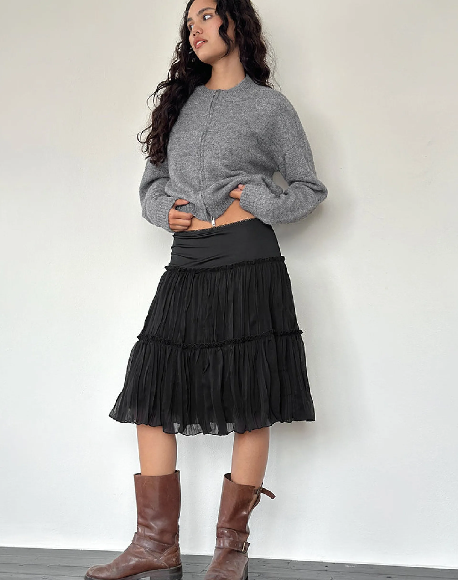 Motel Rocks Midi Skirts-Anahita Tiered Skirt in Chiffon Black ChiffonBlack