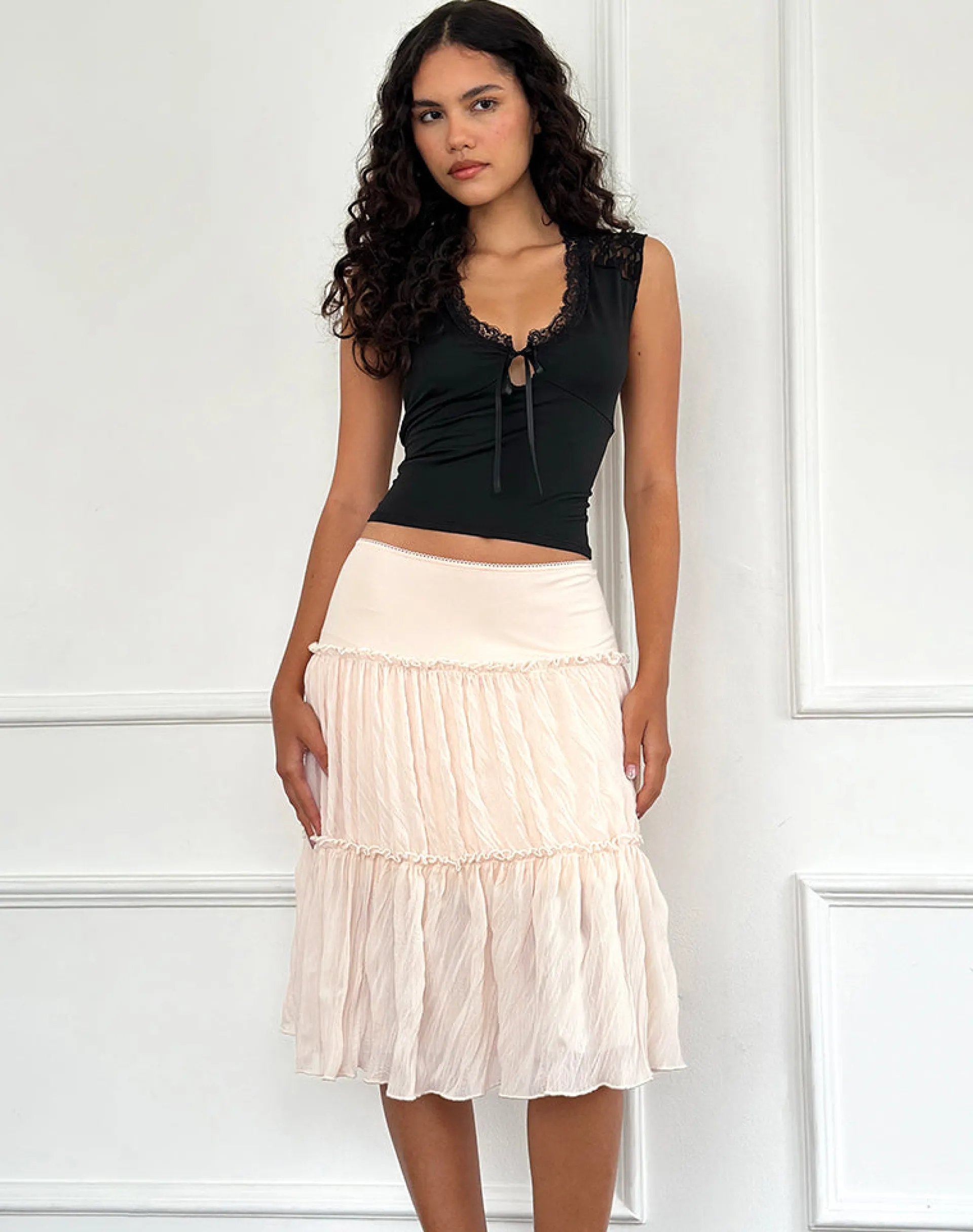 Motel Rocks Midi Skirts-Anahita Tiered Skirt in Chiffon Buttercream ChiffonButtercream