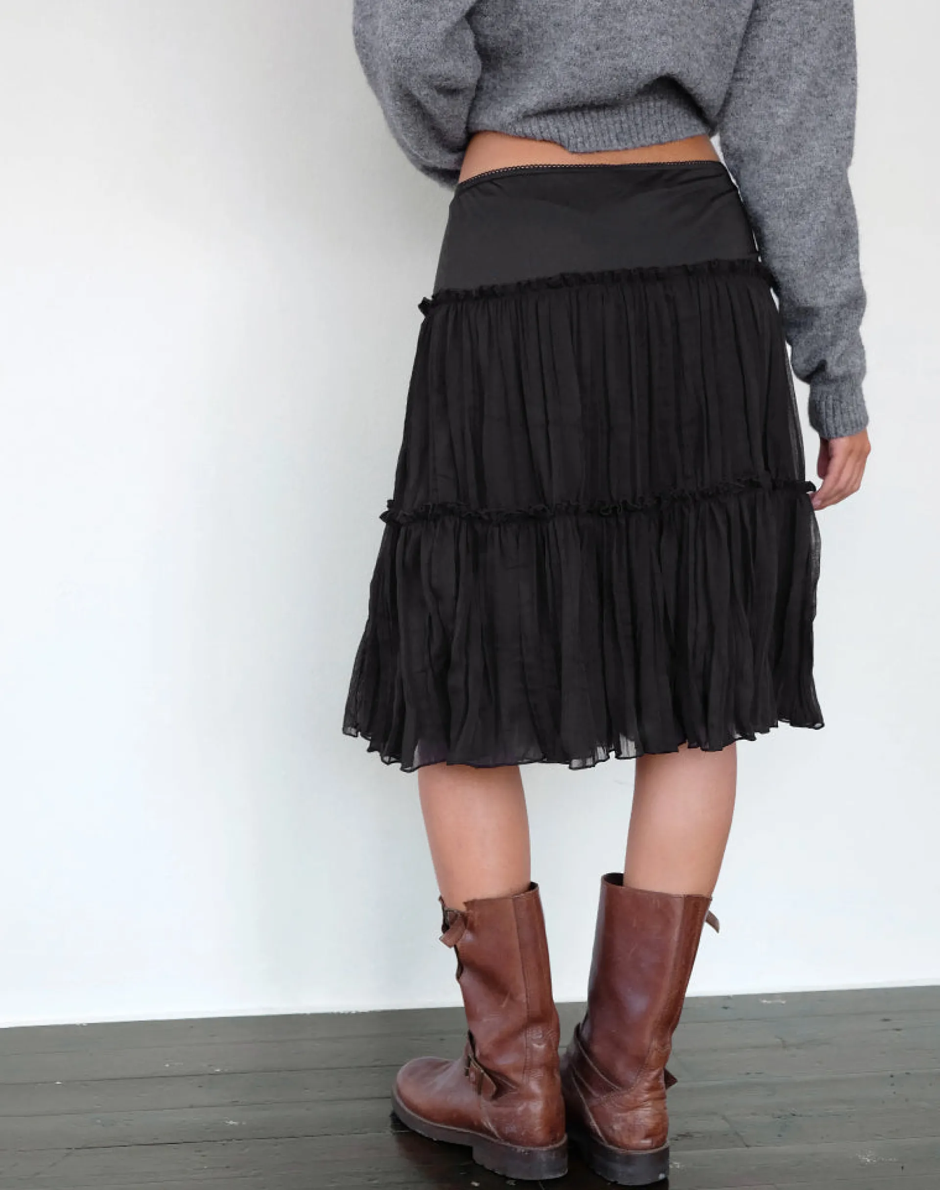Motel Rocks Midi Skirts-Anahita Tiered Skirt in Chiffon Black ChiffonBlack