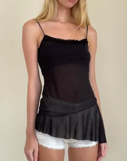 Motel Rocks Basic Tops | Strappy Tops-Anastasia Mesh Ruffle Cami Top in Black