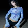 Motel Rocks Printed Tops | Long Sleeve Tops-Anchi Mesh Long Sleeve Top in Blue Starfish Photoprint