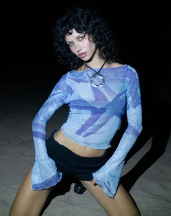 Motel Rocks Printed Tops | Long Sleeve Tops-Anchi Mesh Long Sleeve Top in Blue Starfish Photoprint