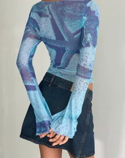 Motel Rocks Printed Tops | Long Sleeve Tops-Anchi Mesh Long Sleeve Top in Blue Starfish Photoprint