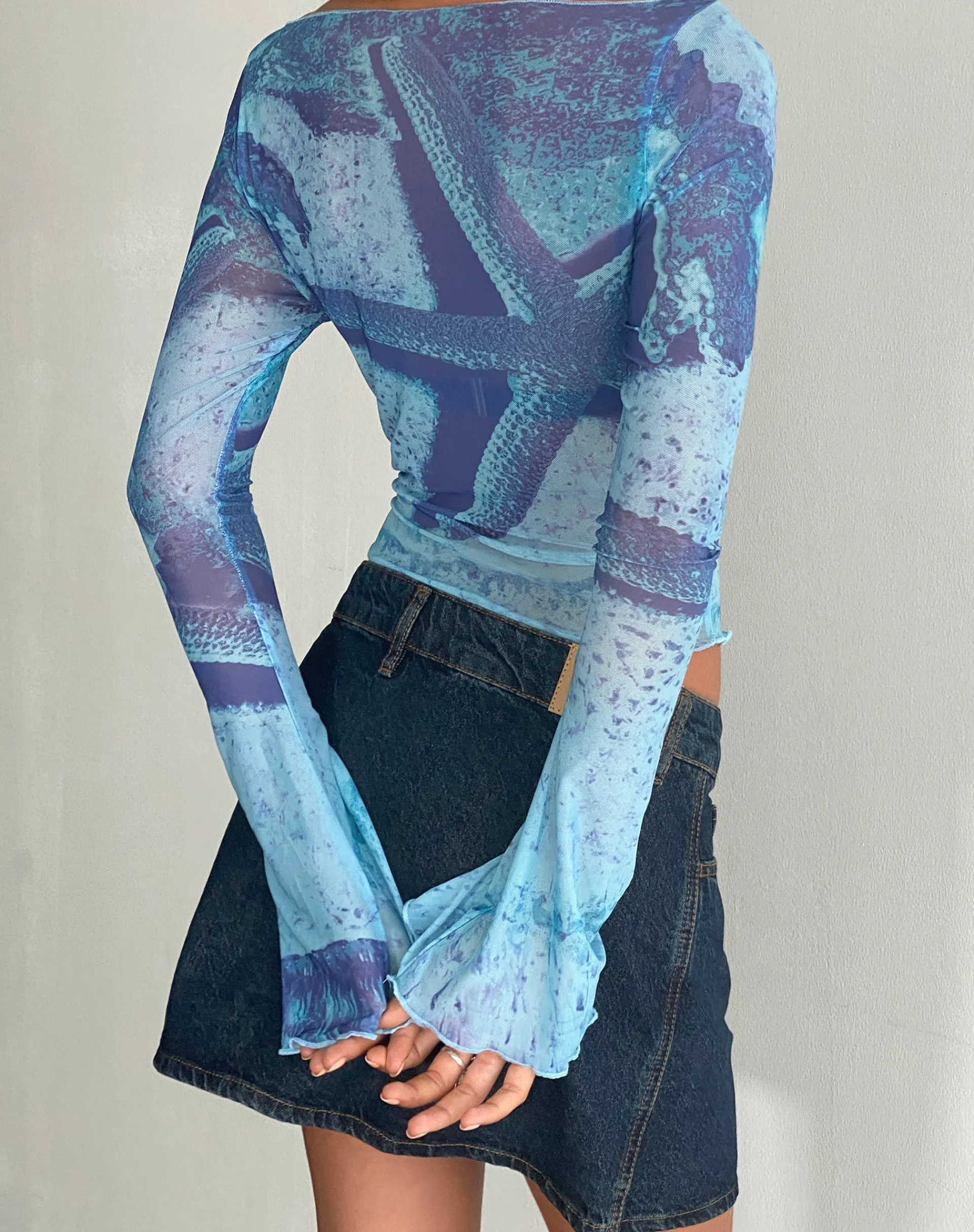 Motel Rocks Printed Tops | Long Sleeve Tops-Anchi Mesh Long Sleeve Top in Blue Starfish Photoprint