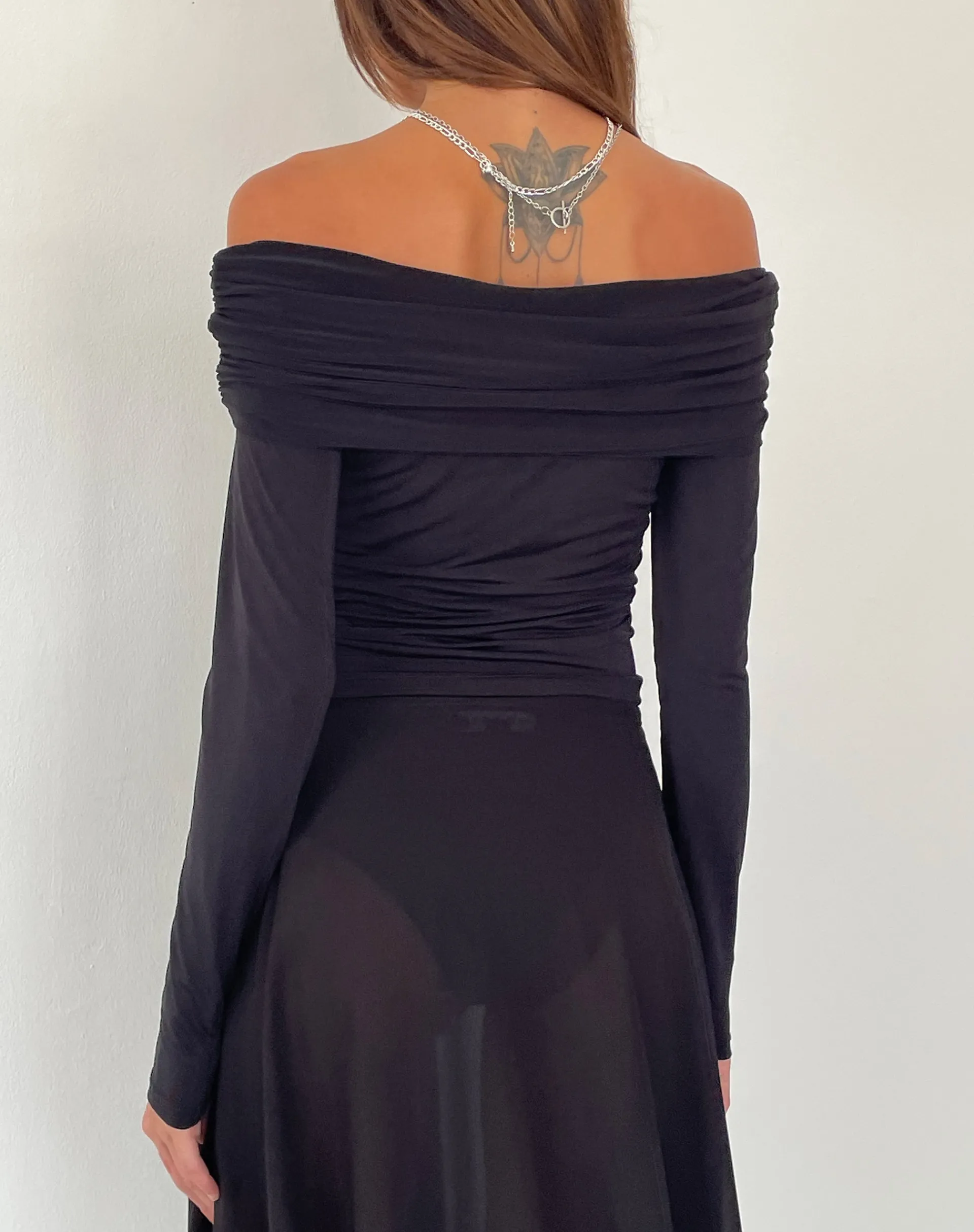 Motel Rocks Long Sleeve Tops-Andi Long Sleeve Bardot Top in Slinky Black SlinkyBlack
