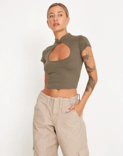 Motel Rocks Vest Tops-Anelis Crop Top in Tarmac Green