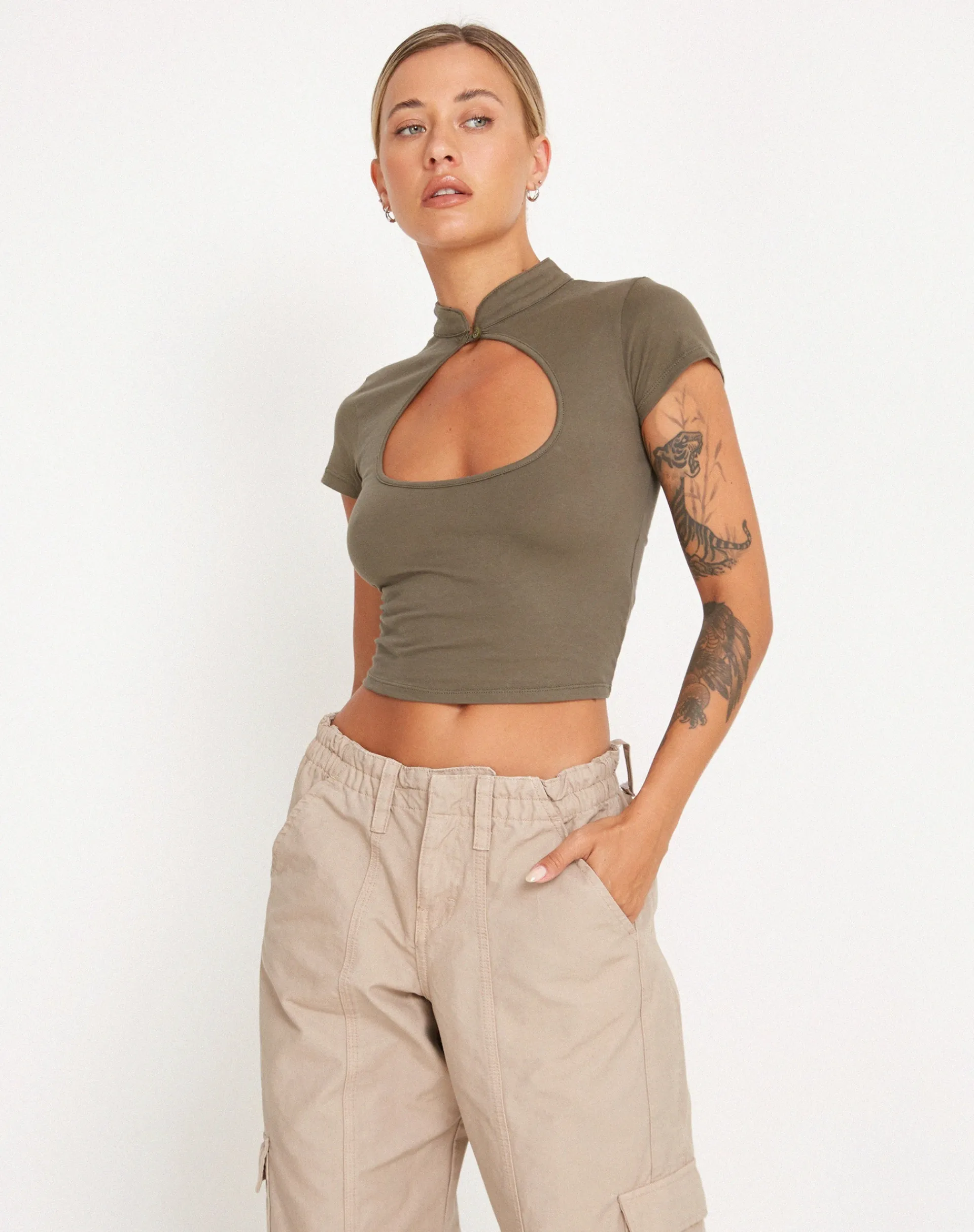 Motel Rocks Vest Tops-Anelis Crop Top in Tarmac Green