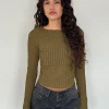Motel Rocks Basics | Basic Tops-Angela Long Sleeve Top in Crinkle Olive CrinkleOlive