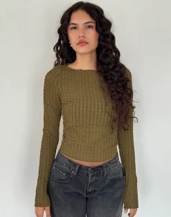 Motel Rocks Basics | Basic Tops-Angela Long Sleeve Top in Crinkle Olive CrinkleOlive