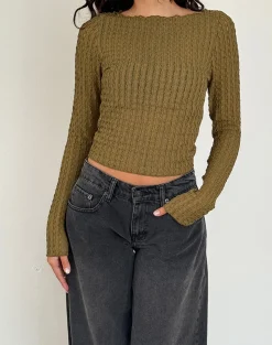 Motel Rocks Basics | Basic Tops-Angela Long Sleeve Top in Crinkle Olive CrinkleOlive