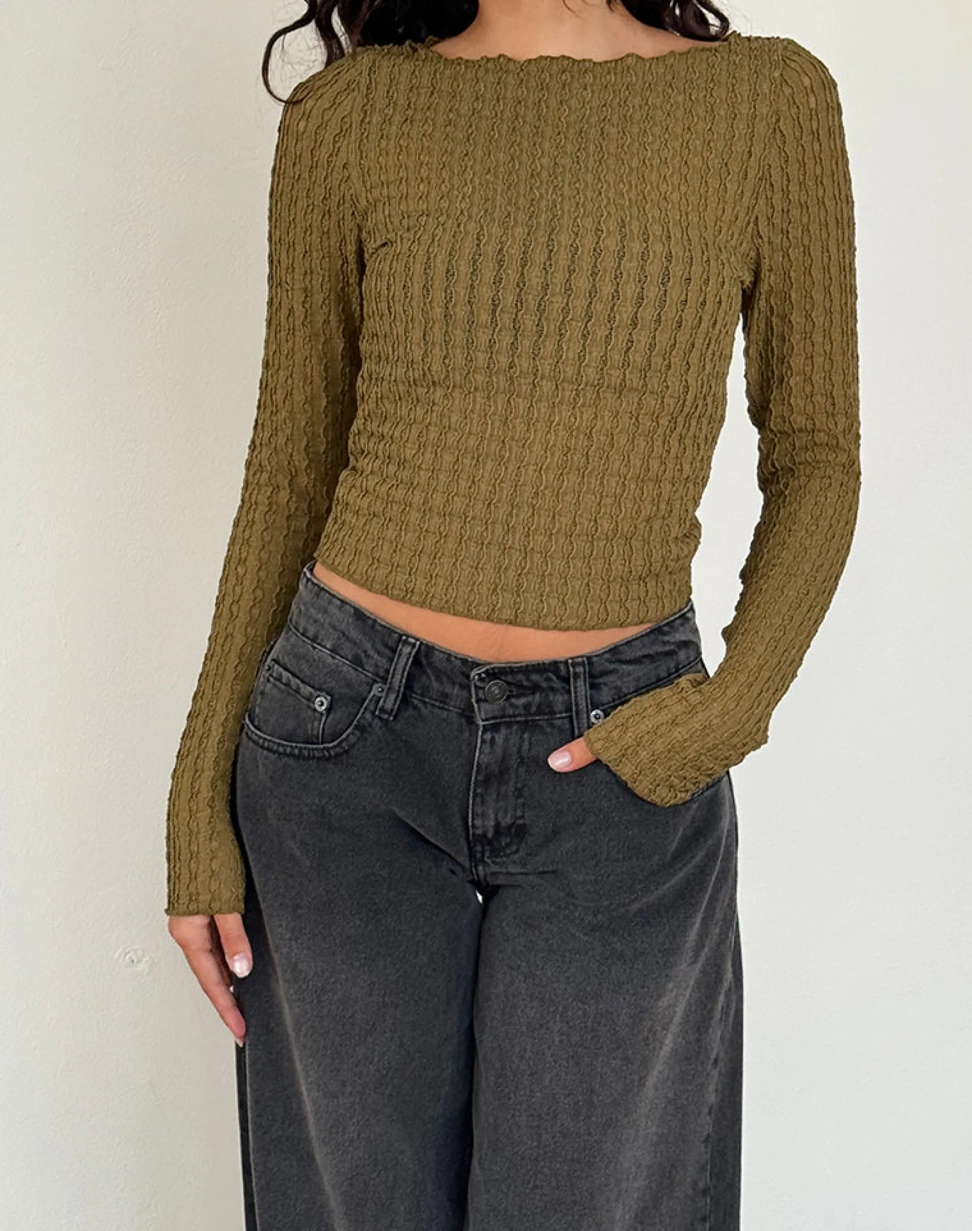 Motel Rocks Basics | Basic Tops-Angela Long Sleeve Top in Crinkle Olive CrinkleOlive