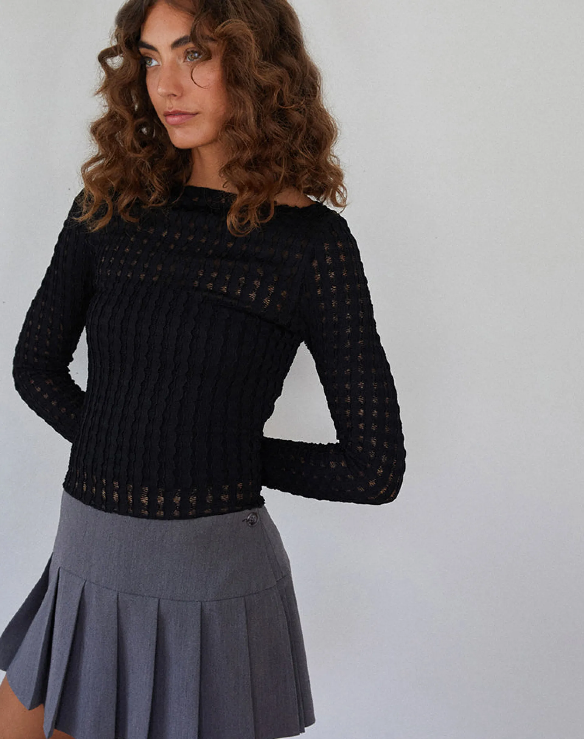 Motel Rocks Basics | Basic Tops-Angela Long sleeve Top in Crinkle Black CrinkleBlack