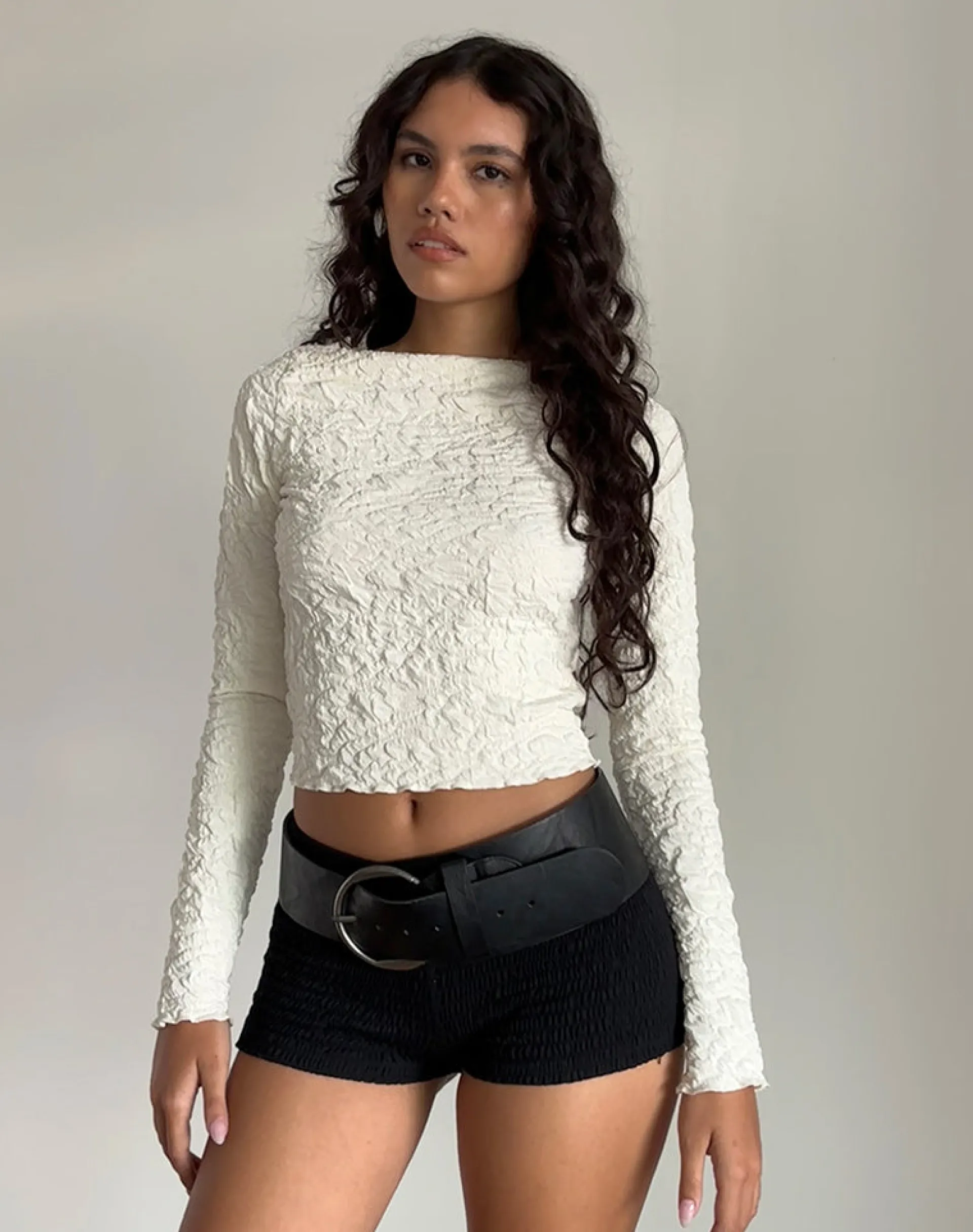 Motel Rocks Basic Tops | Long Sleeve Tops-Angela Textured Long Sleeve Top in Jersey Cream JerseyCream