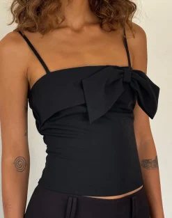 Motel Rocks Strappy Tops | Going Out Tops-Antlia Bow Cami Top in Tailoring Black