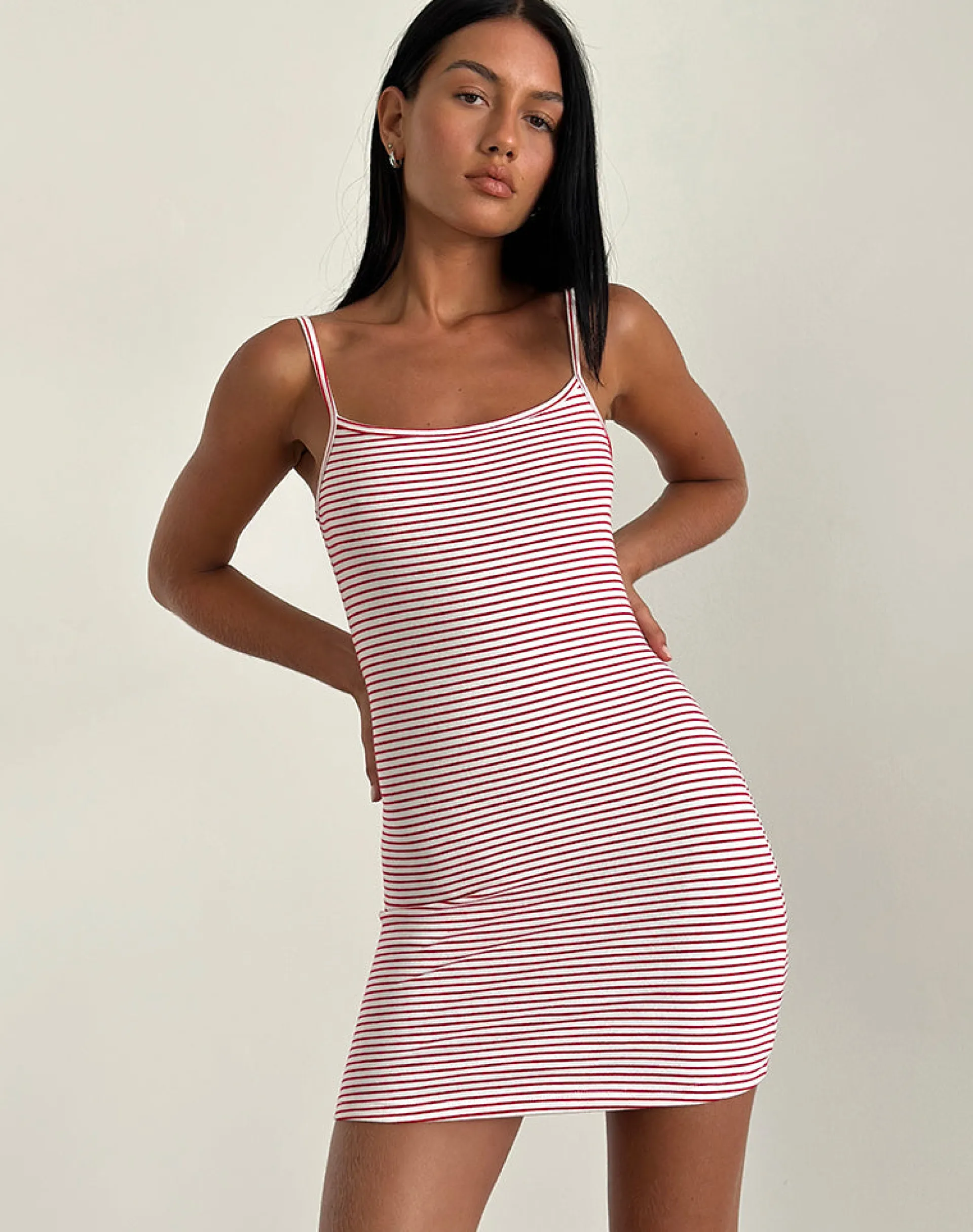 Motel Rocks Basics | Printed Dresses-Anzhelina Strappy Mini Dress in Red and White Stripe RedandWhiteStripe
