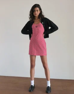 Motel Rocks Basics | Printed Dresses-Anzhelina Strappy Mini Dress in Red and White Stripe with Strawberry Emb