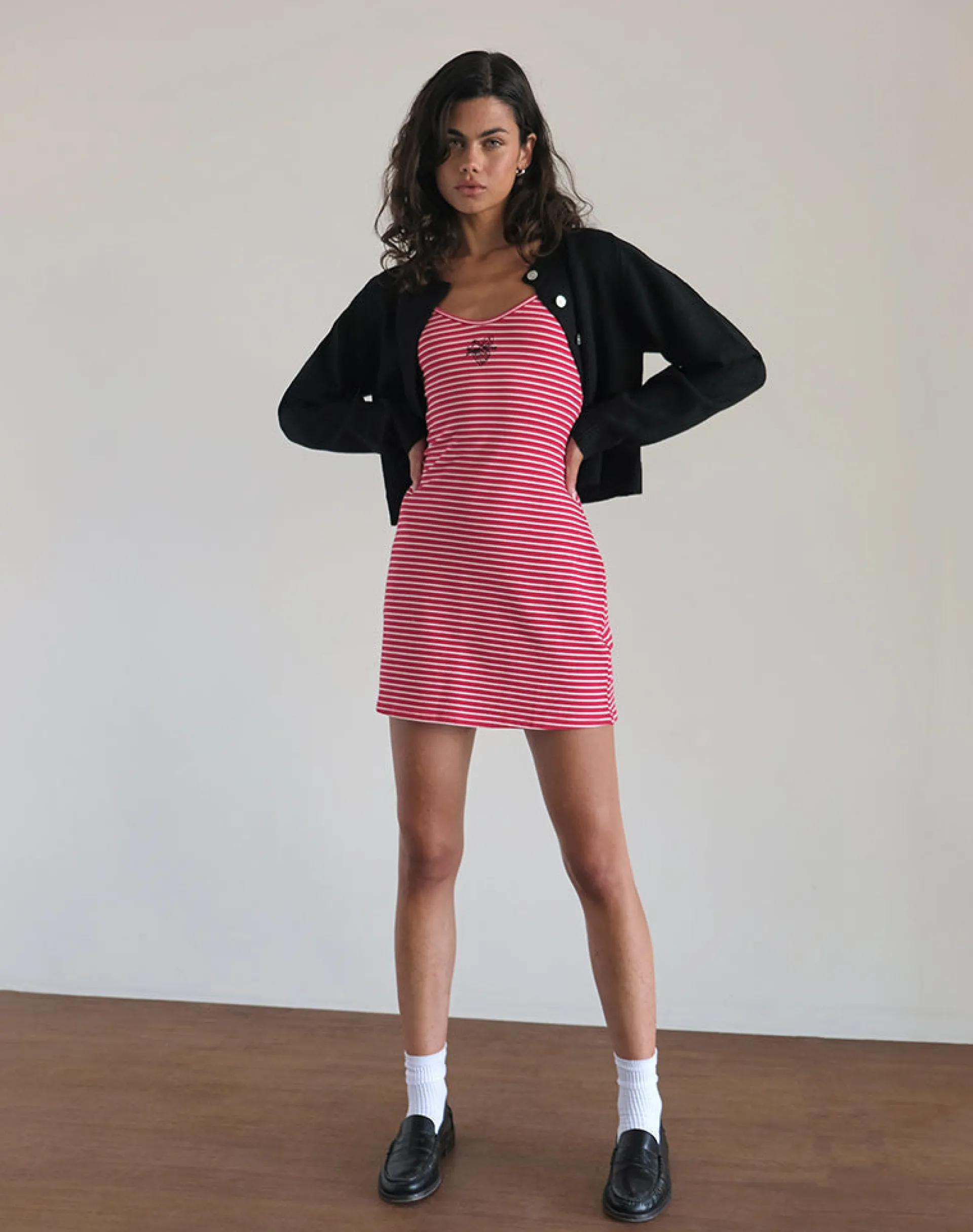 Motel Rocks Basics | Printed Dresses-Anzhelina Strappy Mini Dress in Red and White Stripe with Strawberry Emb