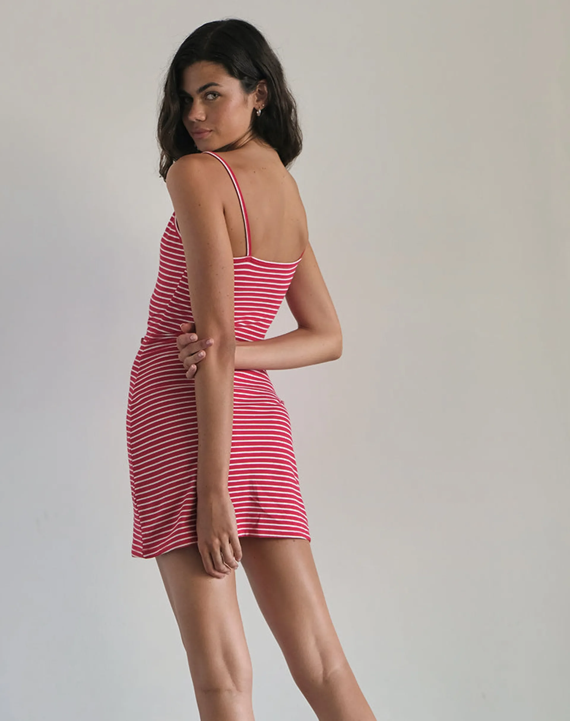 Motel Rocks Basics | Printed Dresses-Anzhelina Strappy Mini Dress in Red and White Stripe with Strawberry Emb