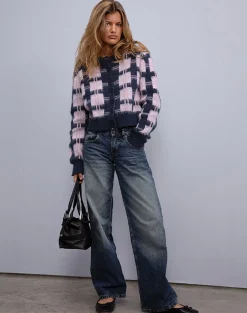 Motel Rocks Cardigans-Anzio Button Up Cardigan In Multi Check Navy and Pink MultiCheckNavyandPink