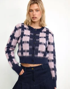 Motel Rocks Cardigans-Anzio Button Up Cardigan In Multi Check Navy and Pink MultiCheckNavyandPink