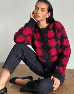 Motel Rocks Cardigans-Anzio Cardigan in Black and Red Check Knit BlackandRedCheckKnit