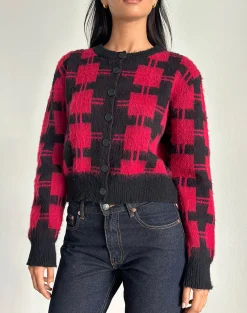 Motel Rocks Cardigans-Anzio Cardigan in Black and Red Check Knit BlackandRedCheckKnit