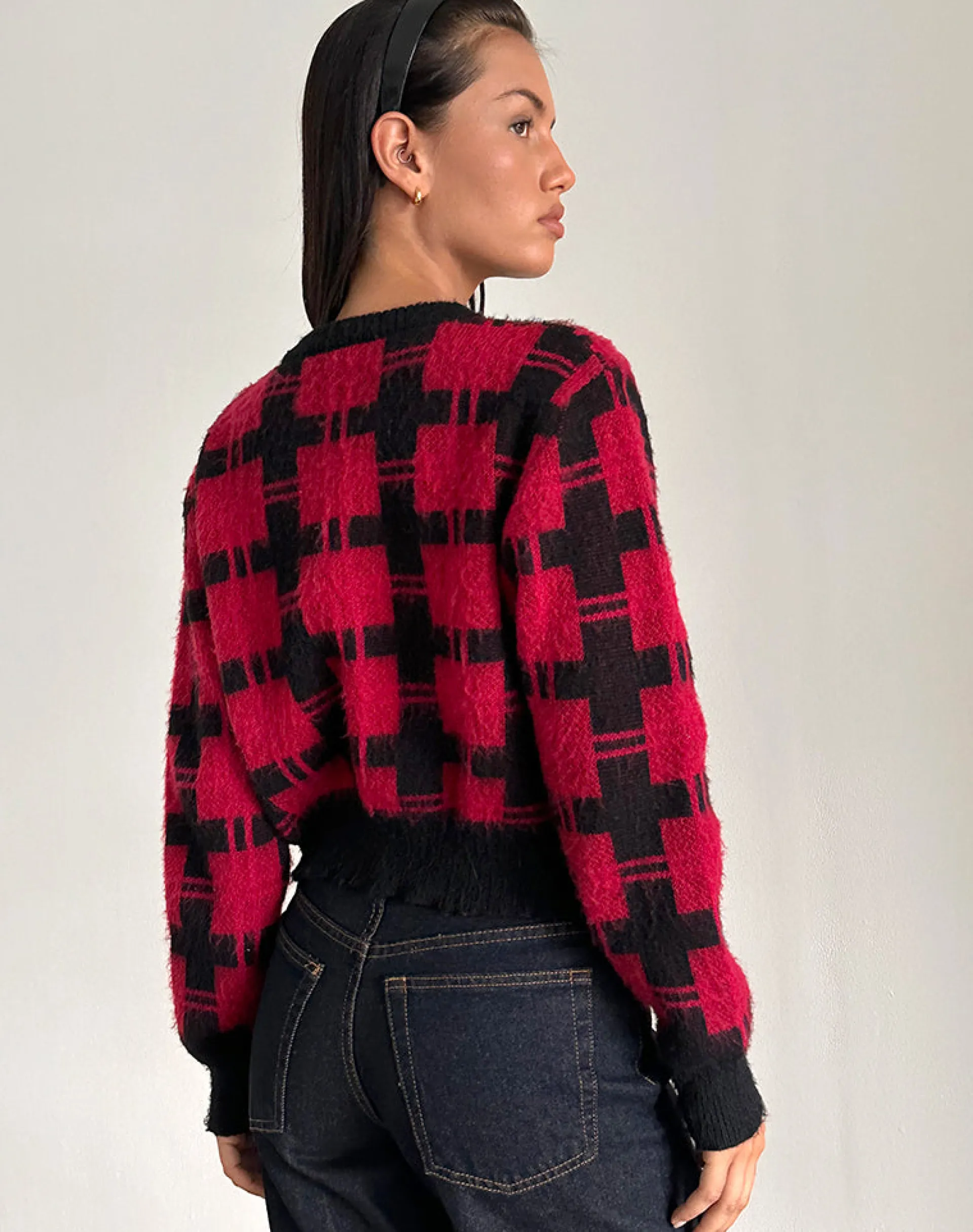 Motel Rocks Cardigans-Anzio Cardigan in Black and Red Check Knit BlackandRedCheckKnit