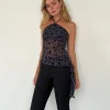 Motel Rocks Printed Tops | Halterneck Tops-Arabella Halterneck Top in Pretty Petal Flock Navy PrettyPetalFlockNavy