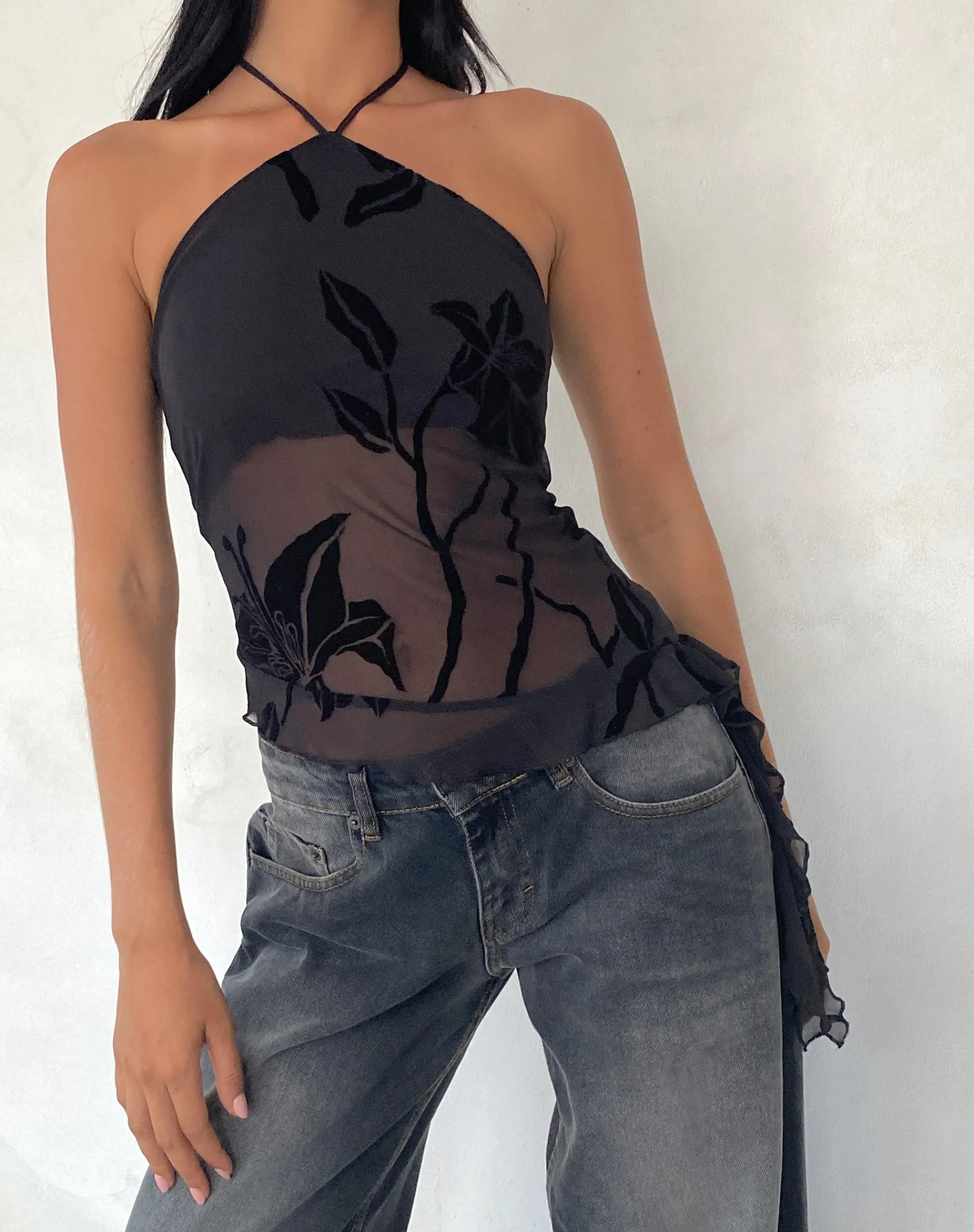 Motel Rocks Halterneck Tops | Printed Tops-Arabella Halterneck Top in Orchids Flock Black orchidsflockblack