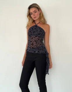Motel Rocks Printed Tops | Halterneck Tops-Arabella Halterneck Top in Pretty Petal Flock Navy PrettyPetalFlockNavy