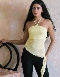 Motel Rocks Halterneck Tops | Going Out Tops-Arabella Halterneck Top in Mesh Lemon MeshLemon