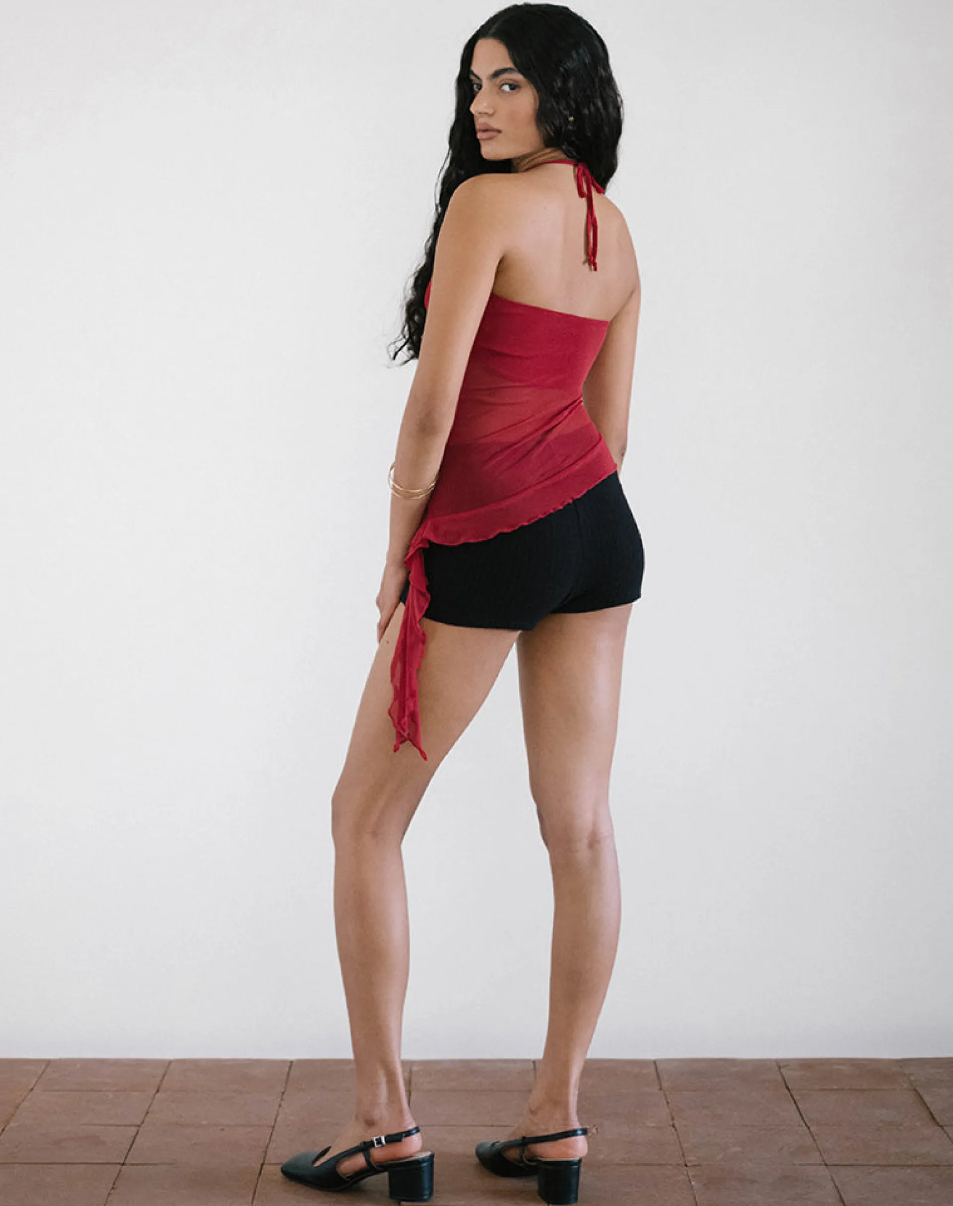 Motel Rocks Halterneck Tops | Going Out Tops-Arabella Halterneck Top in Mesh Cherry MeshCherry