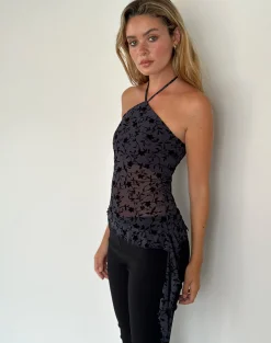 Motel Rocks Printed Tops | Halterneck Tops-Arabella Halterneck Top in Pretty Petal Flock Navy PrettyPetalFlockNavy