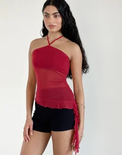 Motel Rocks Halterneck Tops | Going Out Tops-Arabella Halterneck Top in Mesh Cherry MeshCherry