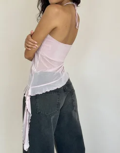 Motel Rocks Halterneck Tops | Strappy Tops-Arabella Halterneck Top In Mesh Pink MeshPink