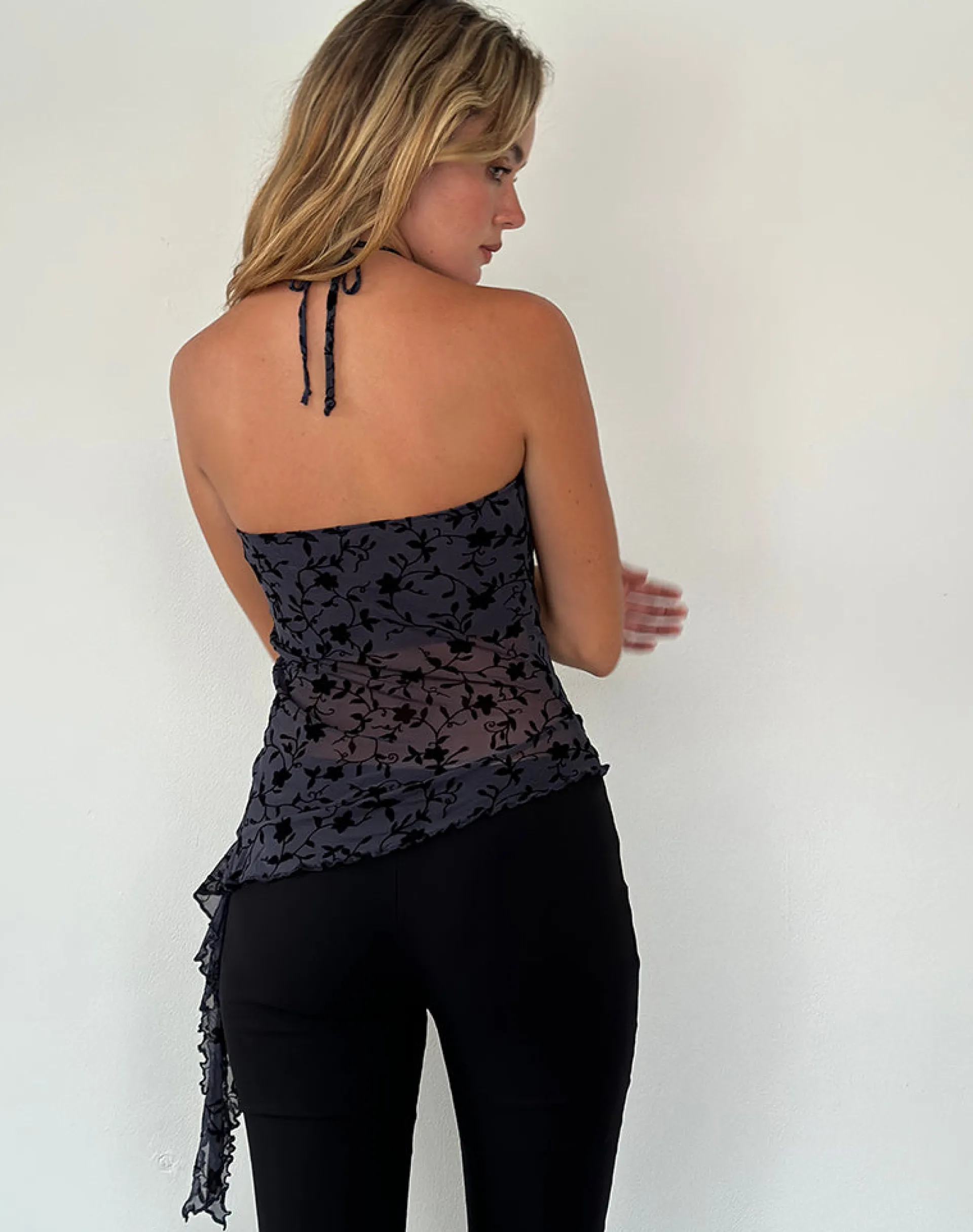 Motel Rocks Printed Tops | Halterneck Tops-Arabella Halterneck Top in Pretty Petal Flock Navy PrettyPetalFlockNavy
