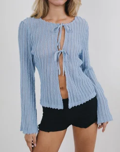 Motel Rocks Cardigans | Shirts And Blouses-Araceli Tie Front Cardigan in Crinkle Blue CrinkleBlue