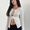 Motel Rocks Cardigans-Araceli Tie Front Top in Crinkle Ecru CrinkleEcru