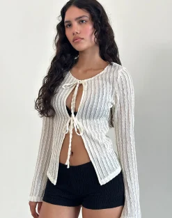 Motel Rocks Cardigans-Araceli Tie Front Top in Crinkle Ecru CrinkleEcru