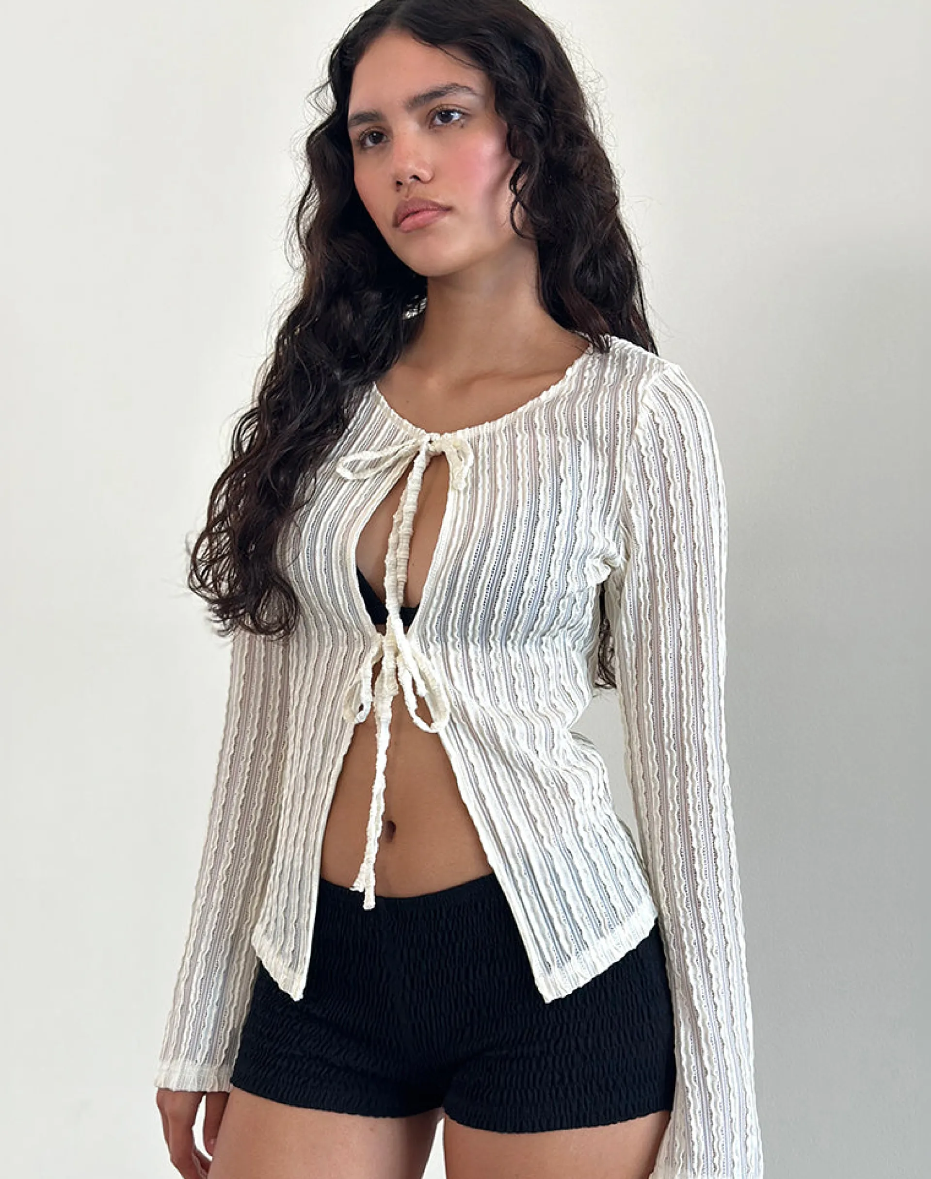 Motel Rocks Cardigans-Araceli Tie Front Top in Crinkle Ecru CrinkleEcru