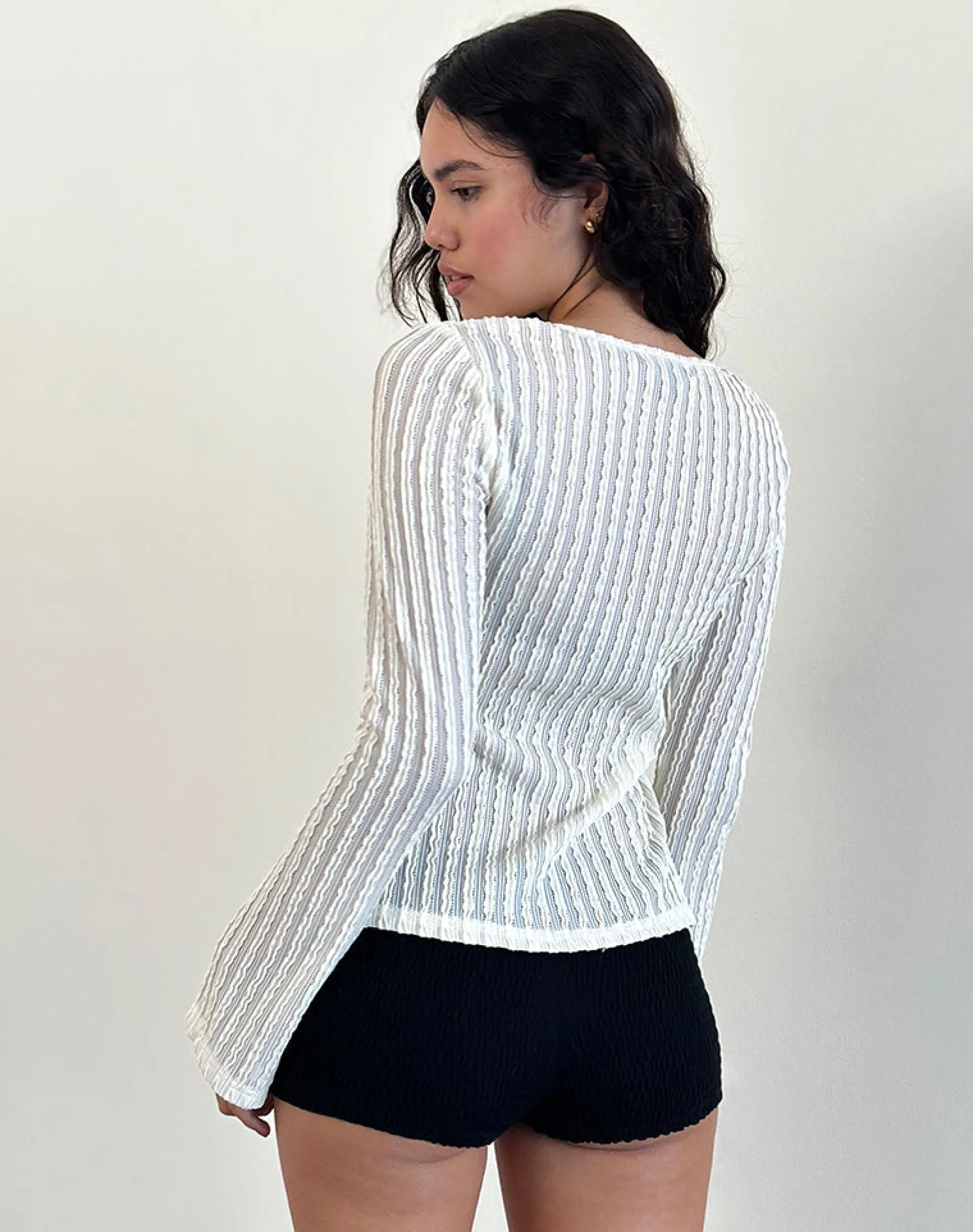 Motel Rocks Cardigans-Araceli Tie Front Top in Crinkle Ecru CrinkleEcru