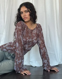Motel Rocks Printed Tops | Long Sleeve Tops-Arcelia Long Sleeve Mesh Top in Botanical Shadow Brown