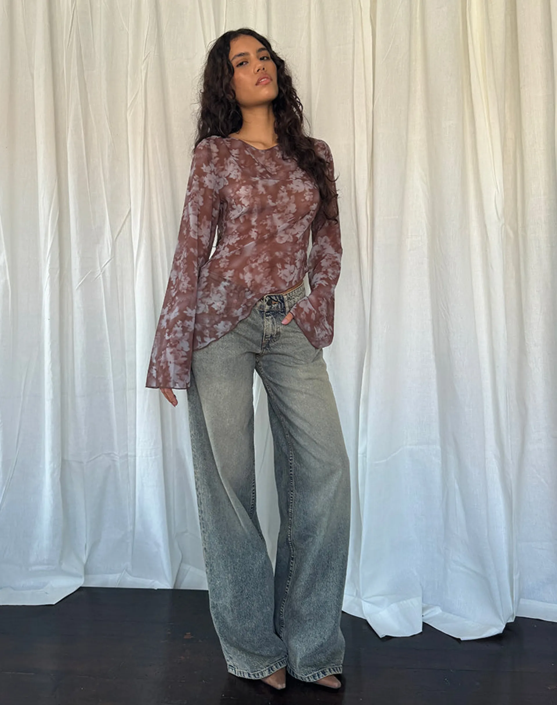 Motel Rocks Printed Tops | Long Sleeve Tops-Arcelia Long Sleeve Mesh Top in Botanical Shadow Brown