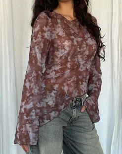 Motel Rocks Printed Tops | Long Sleeve Tops-Arcelia Long Sleeve Mesh Top in Botanical Shadow Brown