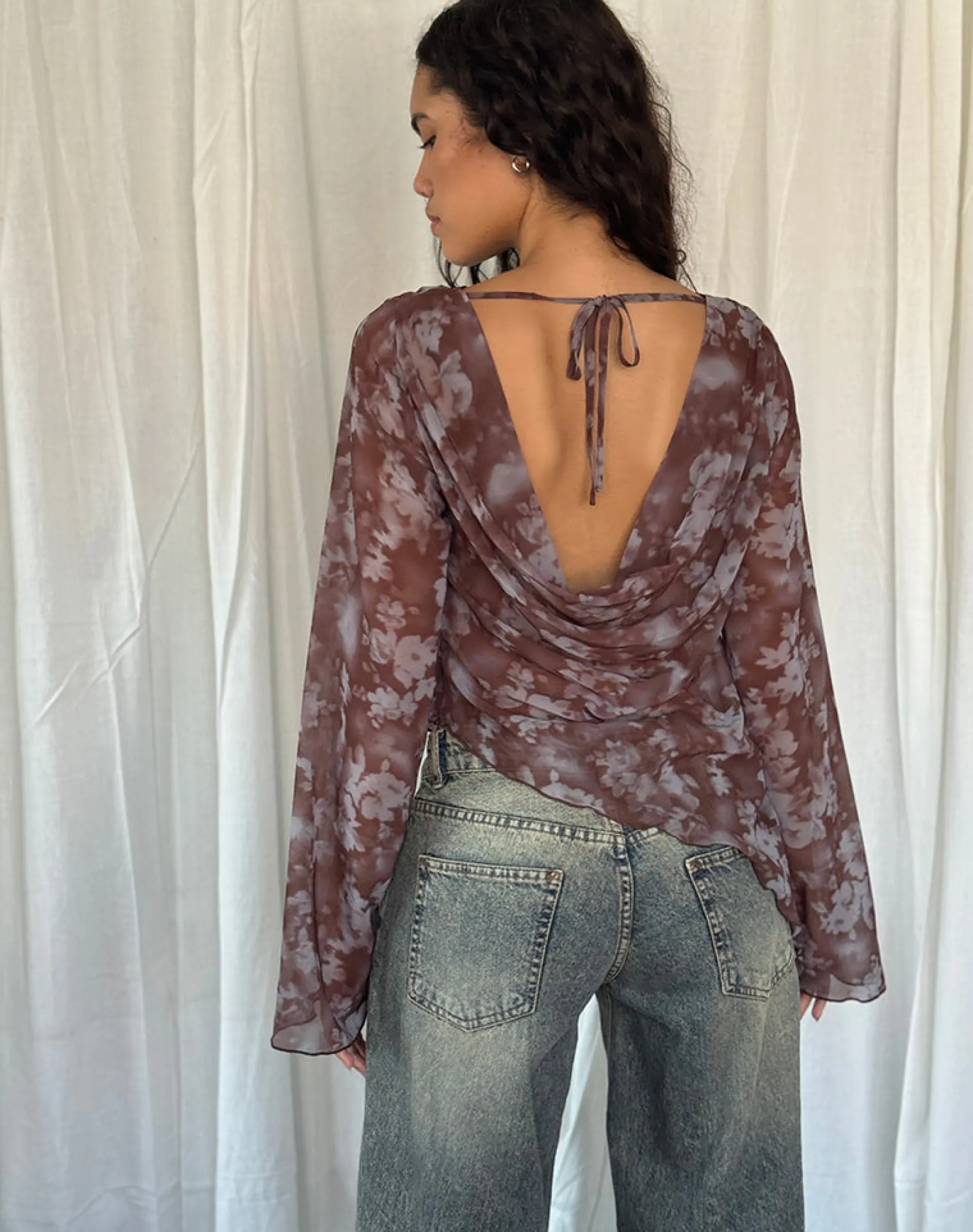 Motel Rocks Printed Tops | Long Sleeve Tops-Arcelia Long Sleeve Mesh Top in Botanical Shadow Brown