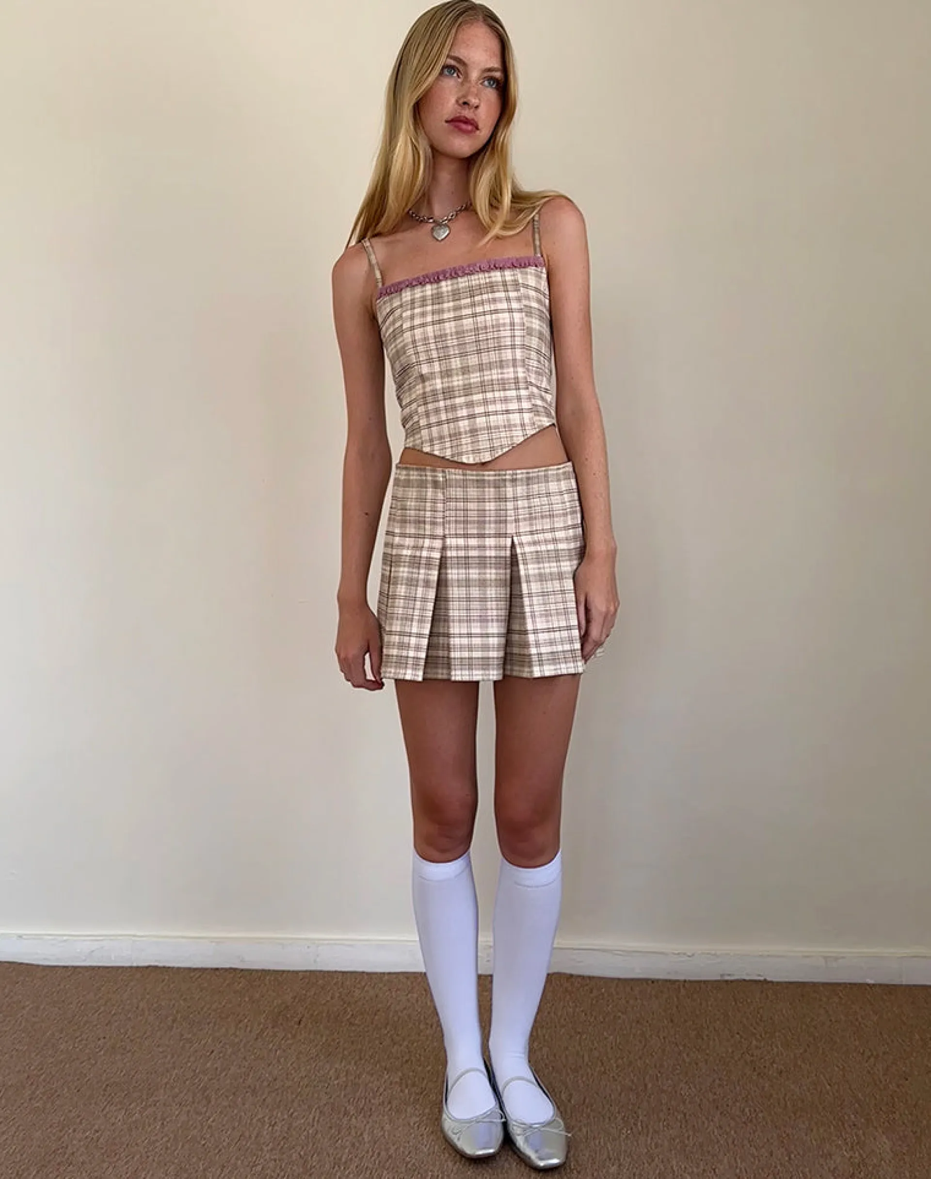 Motel Rocks Co-Ords | Corset Tops-Archie Corset Top in Cream Pastel Check CreamPastelCheck