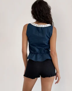 Motel Rocks Vest Tops-Arhan Sleeveless Top in Navy Poplin with White Trim NavyPoplinwithWhiteTrim
