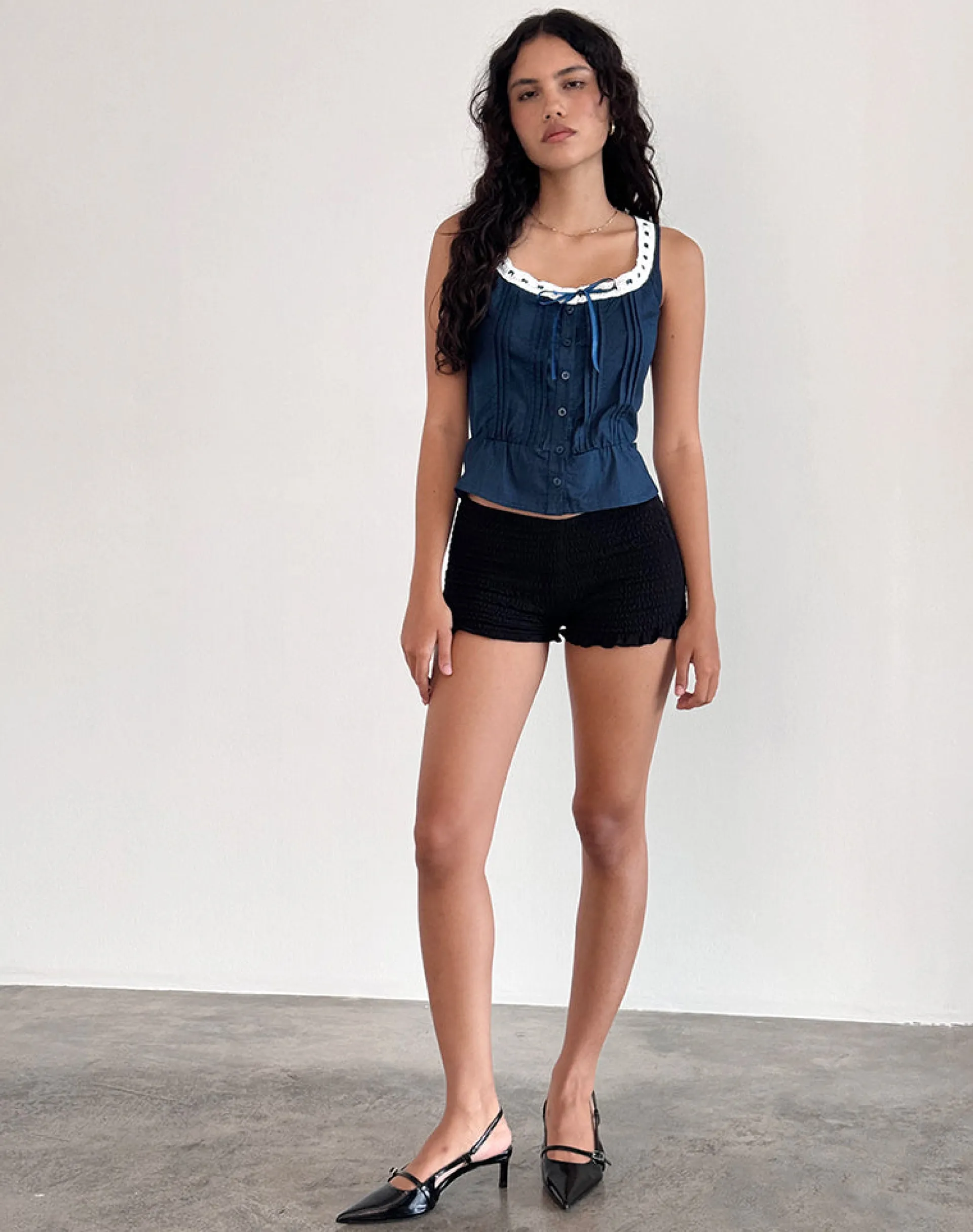Motel Rocks Vest Tops-Arhan Sleeveless Top in Navy Poplin with White Trim NavyPoplinwithWhiteTrim