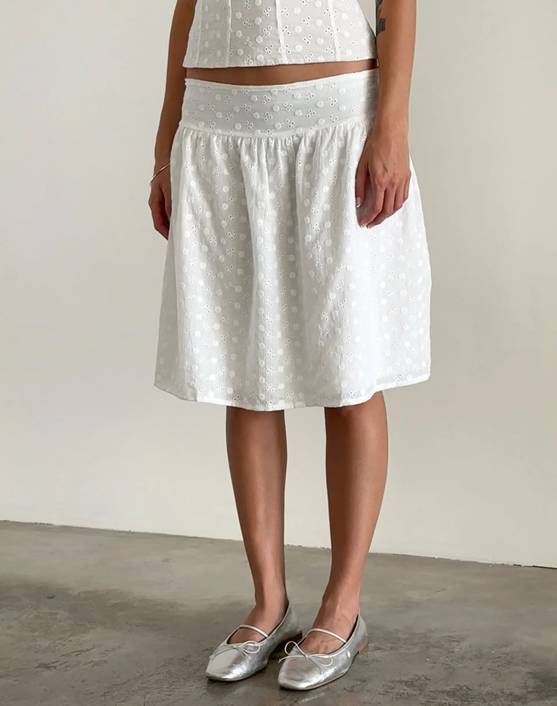 Motel Rocks Co-Ords | Midi Skirts-Aristia Midi Skirt in Woven Broderie White