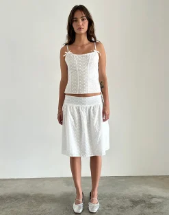 Motel Rocks Co-Ords | Midi Skirts-Aristia Midi Skirt in Woven Broderie White